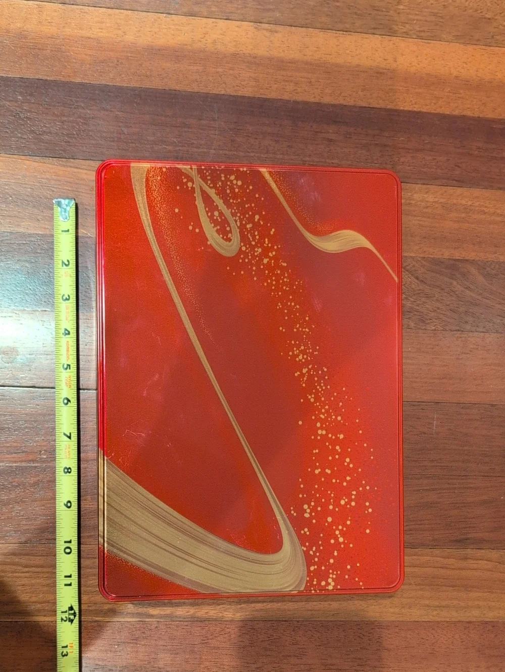 Large Red Rectangular Decorative Storage Tin Canister with Gold Swirl